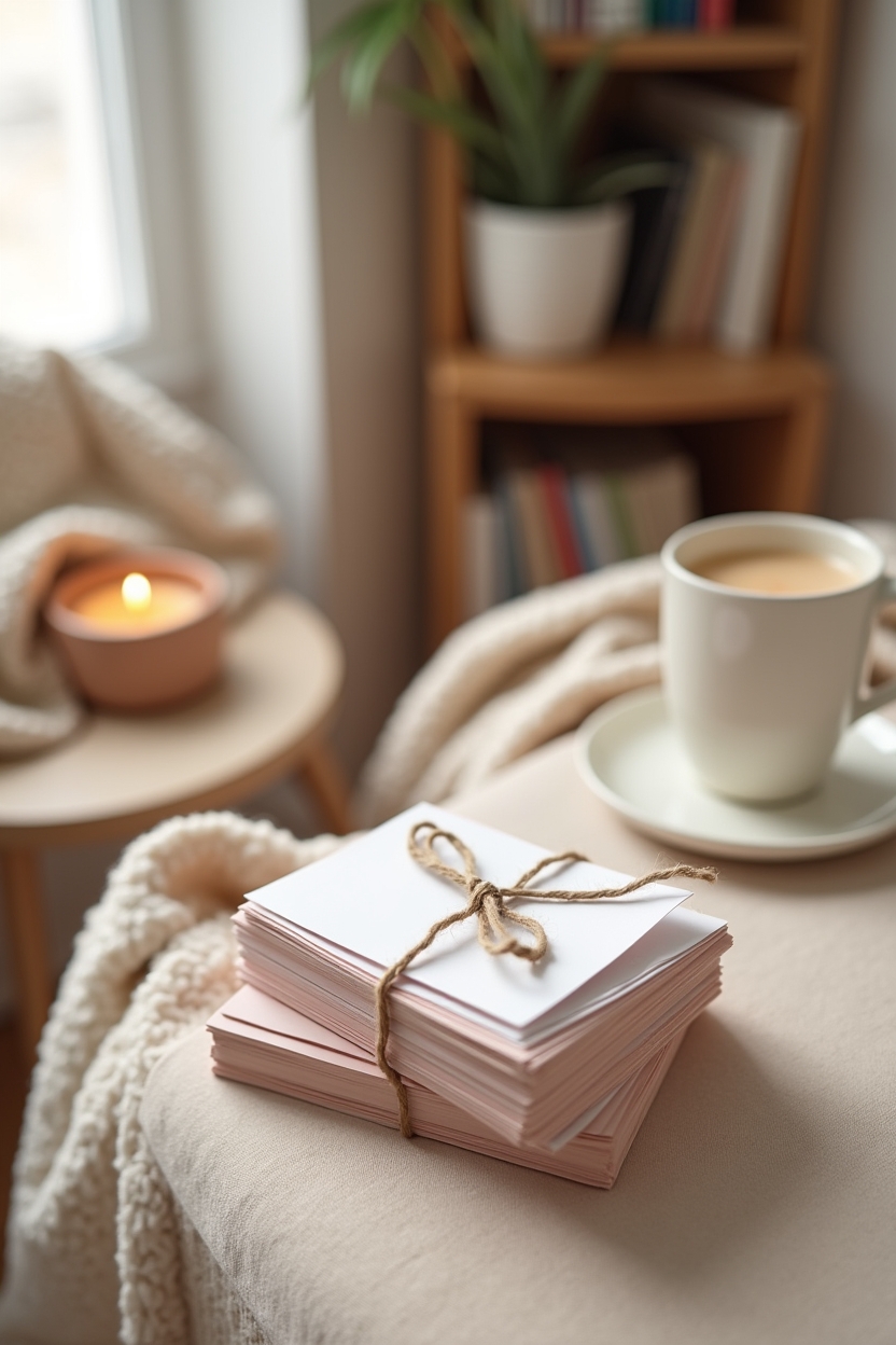 journal prompts for optimism for office workers — stack of printed prompt cards tied with twine — a wide angled scene of a cozy home nook with printed resource cards, a bookmark, and a lit candle for next-step resources