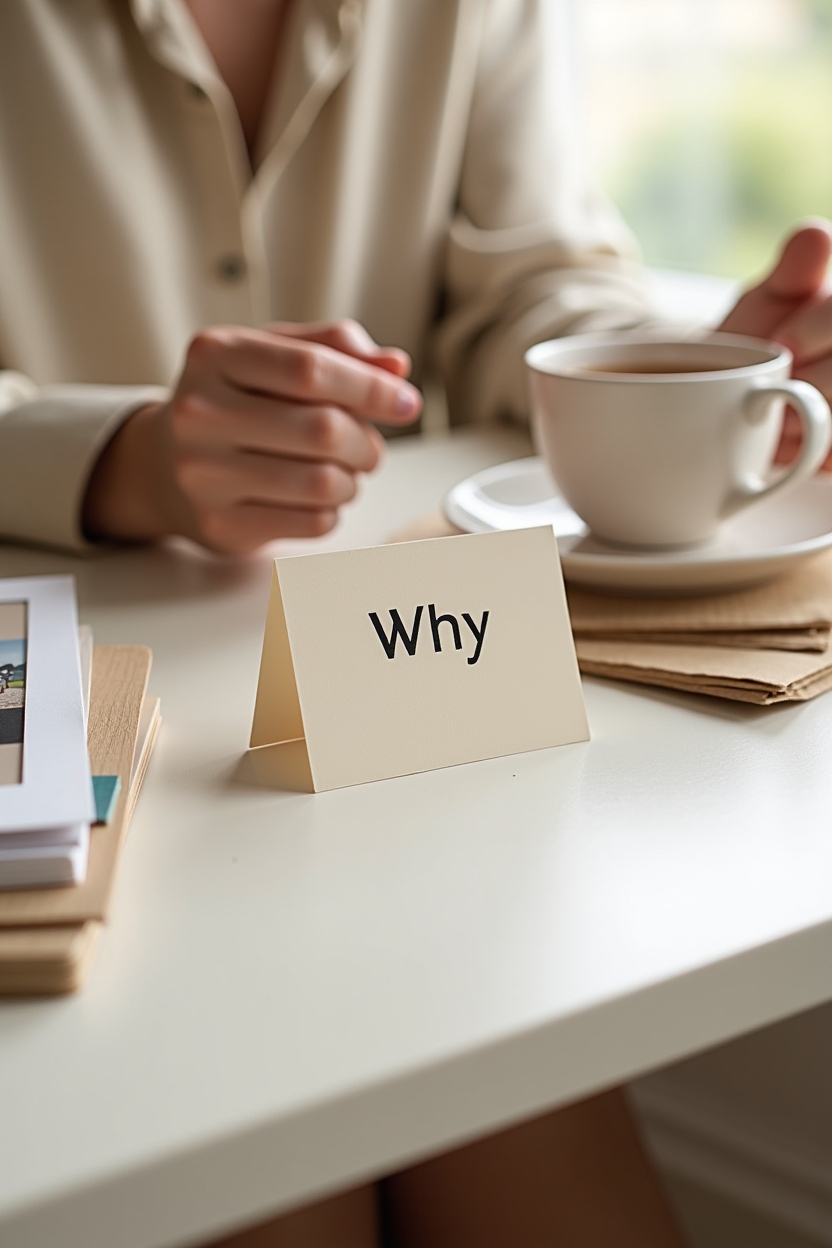 journal prompts for optimism for office workers — a closed index card with a single typed word (WHY) visible — a person at a tidy desk pausing mid-day to reflect on their 'why' with a small collection of meaningful objects