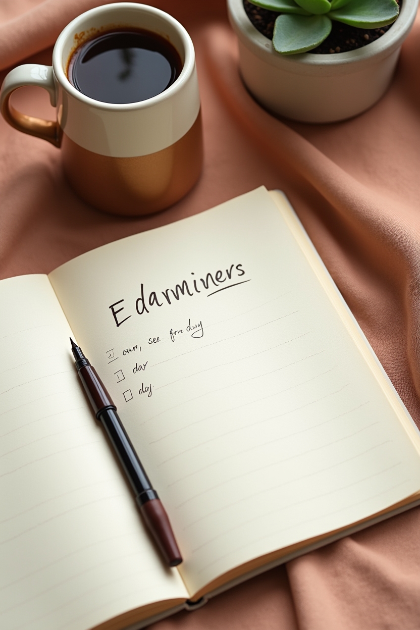 journal prompts for optimism for office workers — linen-bound notebook with a handwritten header — editorial flat-lay of a work desk showing a gentle journaling setup for starting the workday