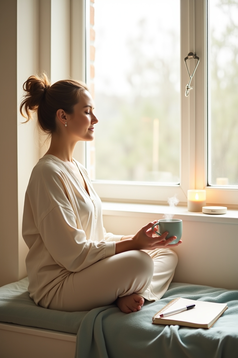 how to practice morning meditation for sleep — a warm ceramic mug — A person sitting on a sunny window seat with a mug, gently winding down the day while reviewing a small bedtime checklist.