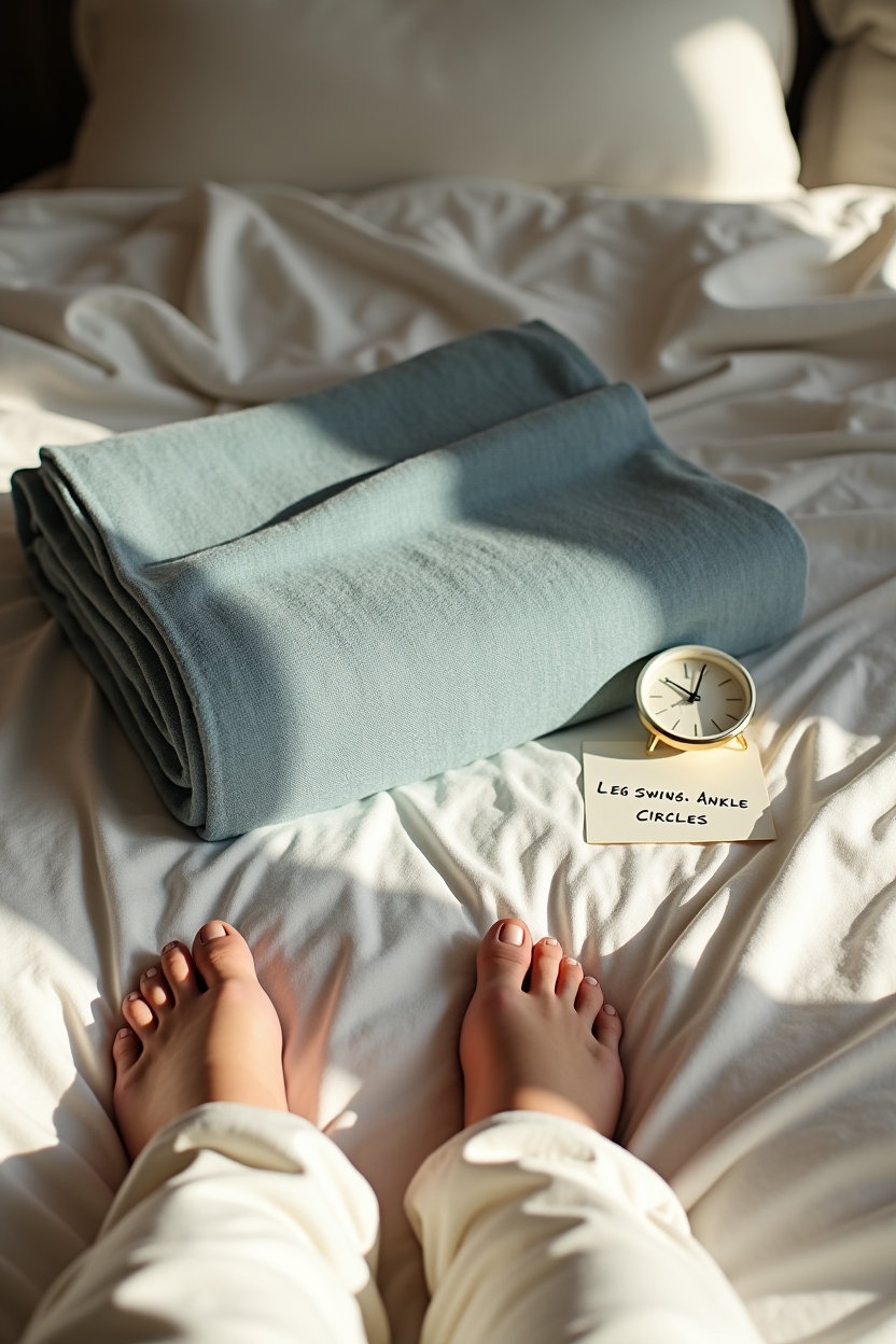 how to practice morning meditation for sleep — neatly folded wool blanket — Close overhead still-life of a bedside micro-practice setup for when you can't sit: folded blanket, alarm clock showing early hour, a short list of movement cues.