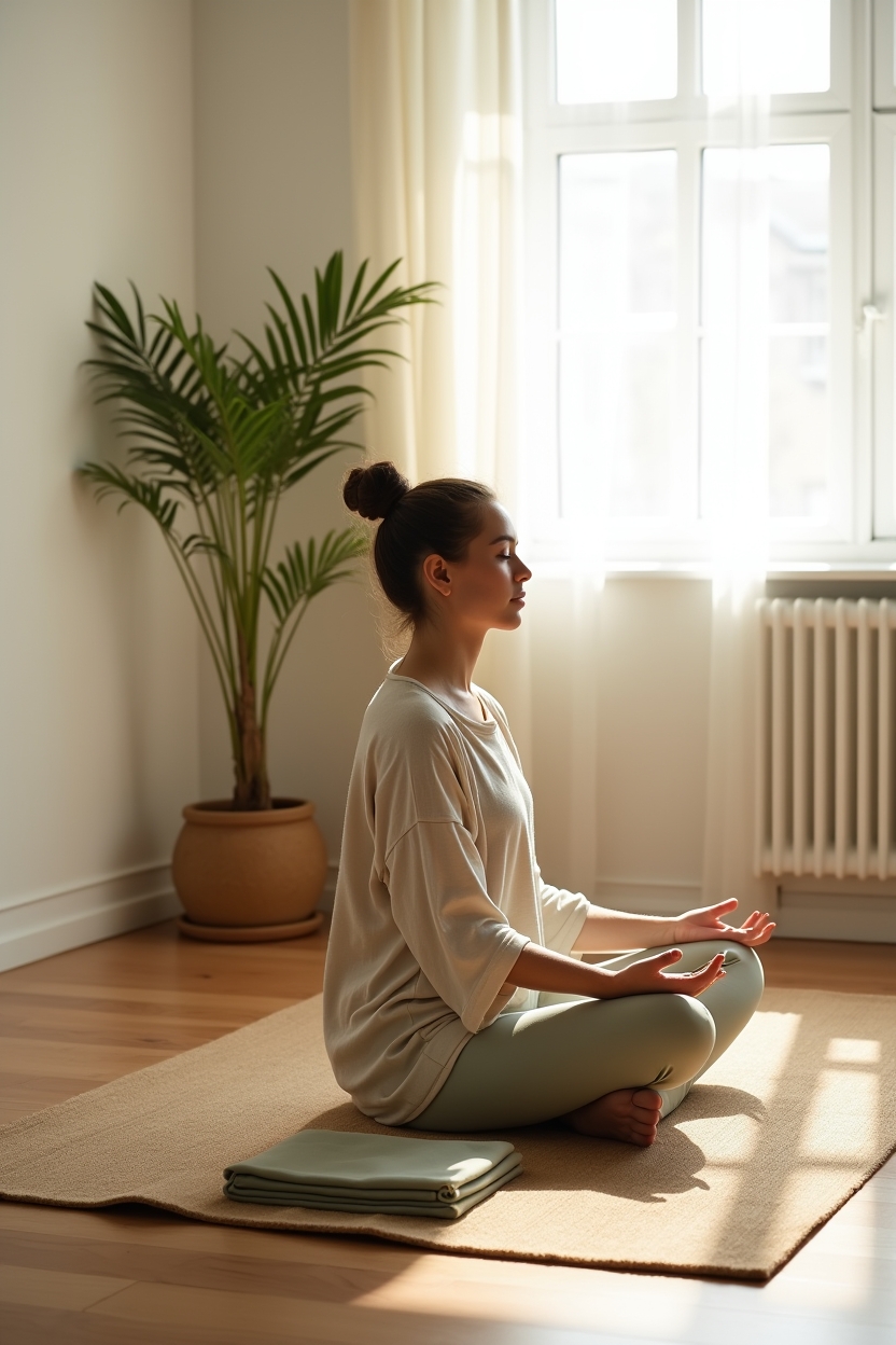 hatha yoga for mobility for beginners — a folded meditation shawl — A single practitioner seated cross-legged in a quiet corner, practicing breath awareness with eyes closed.