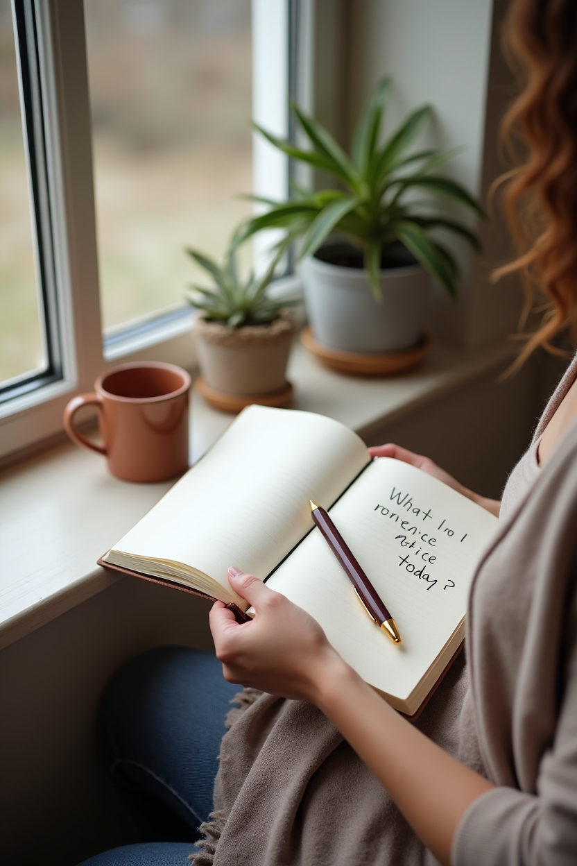 hatha yoga for mobility for beginners — an open notebook with a pen resting across the page — A reflective mindset moment: a woman seated by a bright window, pausing with a closed journal to embody curiosity, patience, and body neutrality.