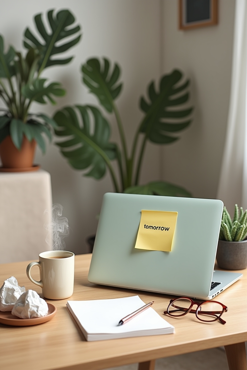 signs negative self talk is holding you back when life feels heavy — closed laptop with a sticky note reading 'tomorrow' stuck to the lid — A home desk scene showing procrastination as protection: a closed laptop, a half-finished to-do list, and a warm mug to suggest avoidance