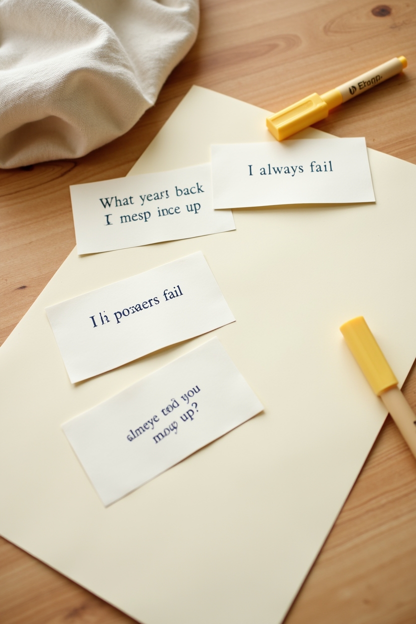 signs negative self talk is holding you back when life feels heavy — stack of printed prompt cards labeled with sample phrases (legible text) — Still-life overhead flat-lay of cognitive phrase prompt cards and a highlighter for spotting common negative self-talk