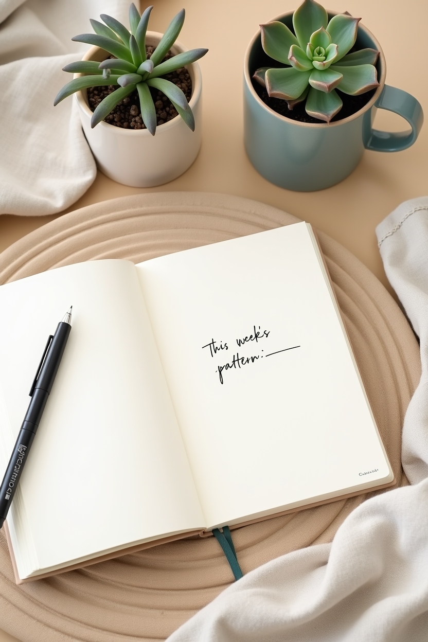 signs negative self talk is holding you back when life feels heavy — open journal page with a visible short prompt line 'This week's pattern:' and one handwritten entry — A bright weekly journaling spread open to a short prompt for tracking thought patterns, accompanied by a pen and a small plant — editorial flat-lay