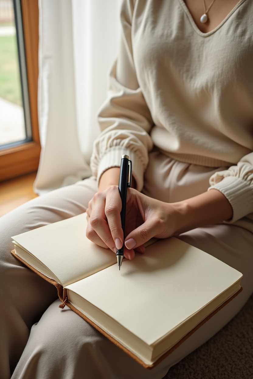 signs negative self talk is holding you back when life feels heavy — linen-covered journal with a pen resting on top — A person pausing at a bright window, noticing a thought and reaching for a closed journal to write it down