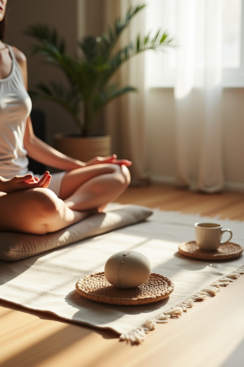 signs negative self talk is holding you back when life feels heavy — small smooth grounding stone (river rock) placed on a woven coaster — A grounded ritual: a person seated on a low cushion by a sunlit window performing a simple breath practice with a cup of tea and a smooth grounding stone nearby