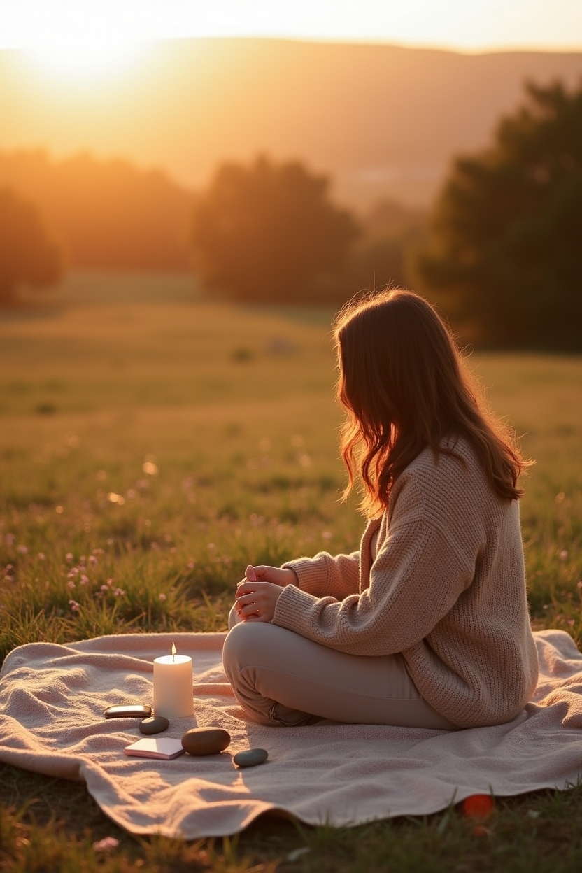 how to use healing journey during a spiritual awakening — woven low ritual blanket — An evening integration ritual outside: a person seated on a low blanket at golden hour arranging simple ritual items to close the day.