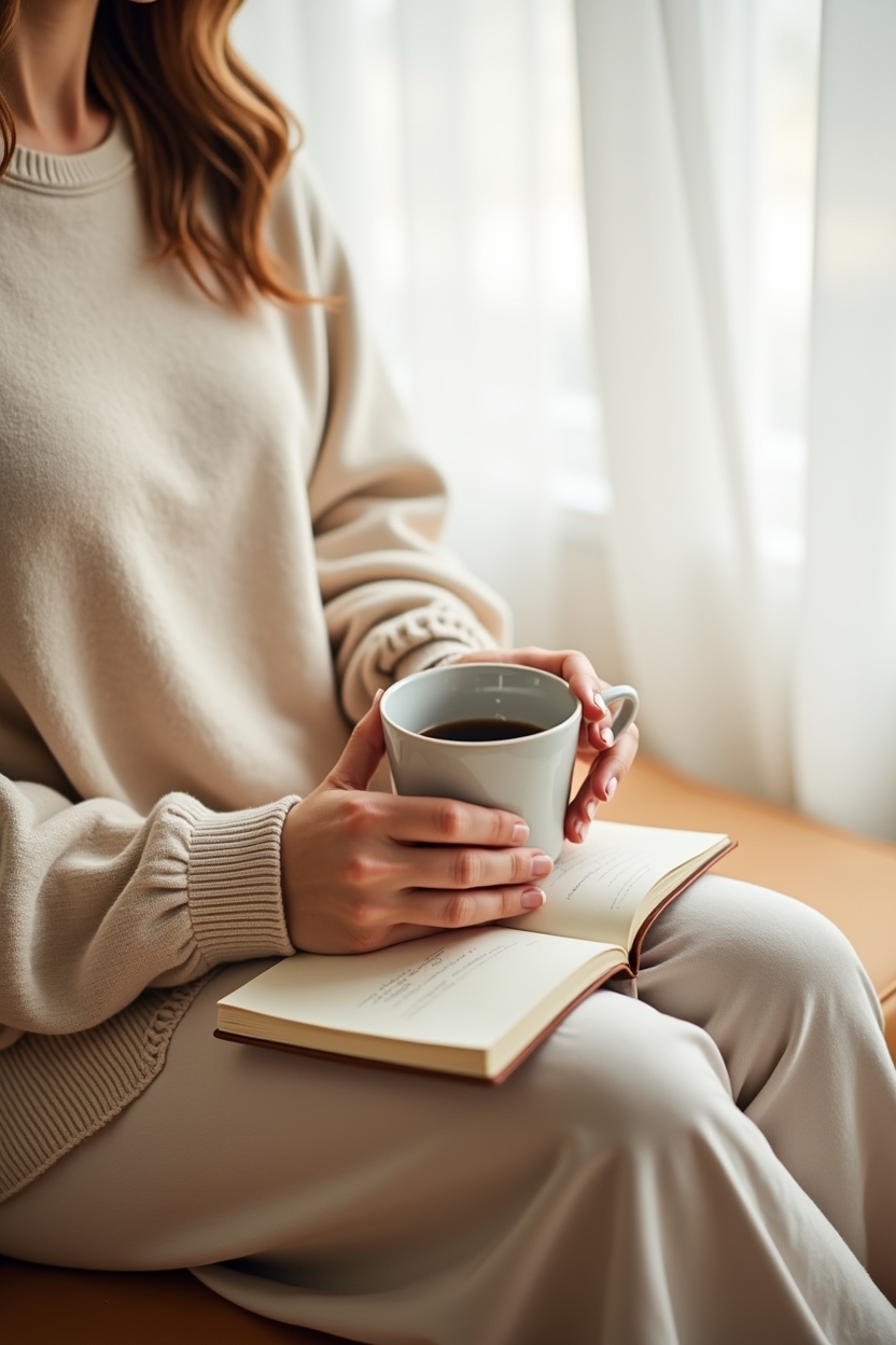 how to use healing journey during a spiritual awakening — linen-bound journal — A quiet window-seat moment where someone sets compassionate intentions by writing in a journal while holding a mug.