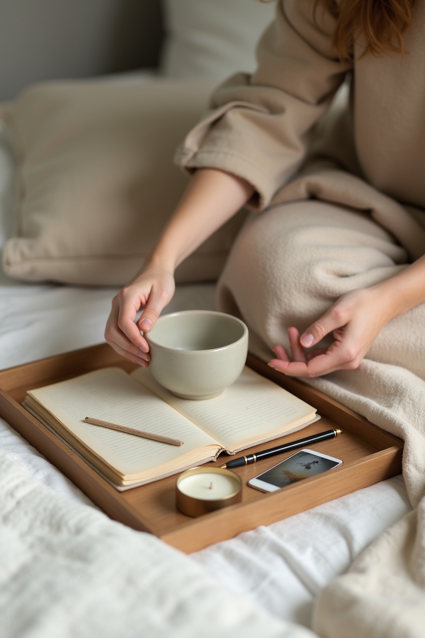 how to use healing journey during a spiritual awakening — small ceramic ritual bowl — A calm morning routine scene showing integration of insights: a person placing a small ritual object onto a tidy bedside altar after journaling.