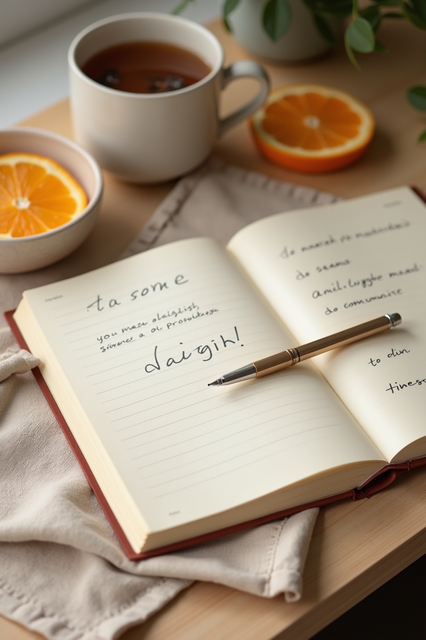 journal prompts for mental clarity for working parents — linen-covered journal with a fountain pen resting on an open page — still-life flat-lay of a parent’s morning journaling setup on a small kitchen table