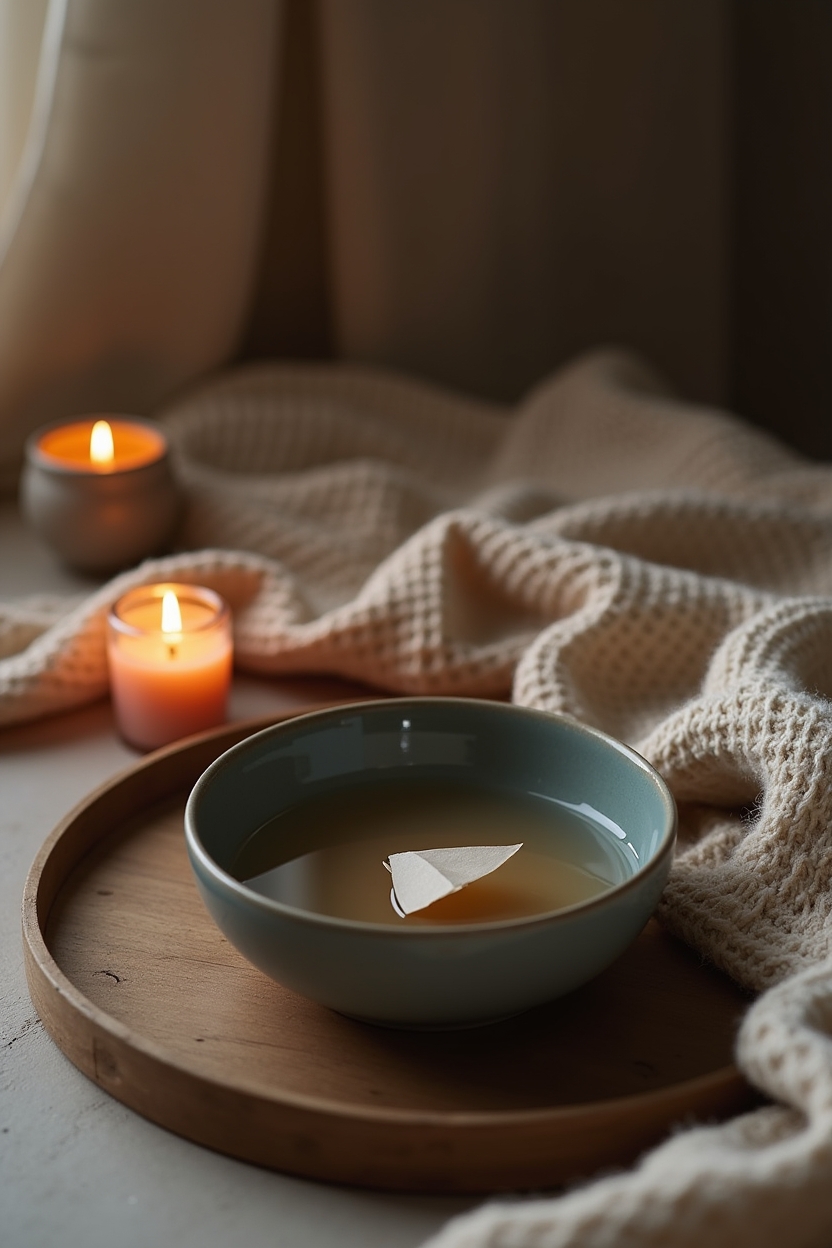 journal prompts for mental clarity for working parents — ceramic bowl holding a folded paper slip half-submerged in water — an evening letting-go ritual: a small bowl of water with a dropped paper slip and a burning candle beside it