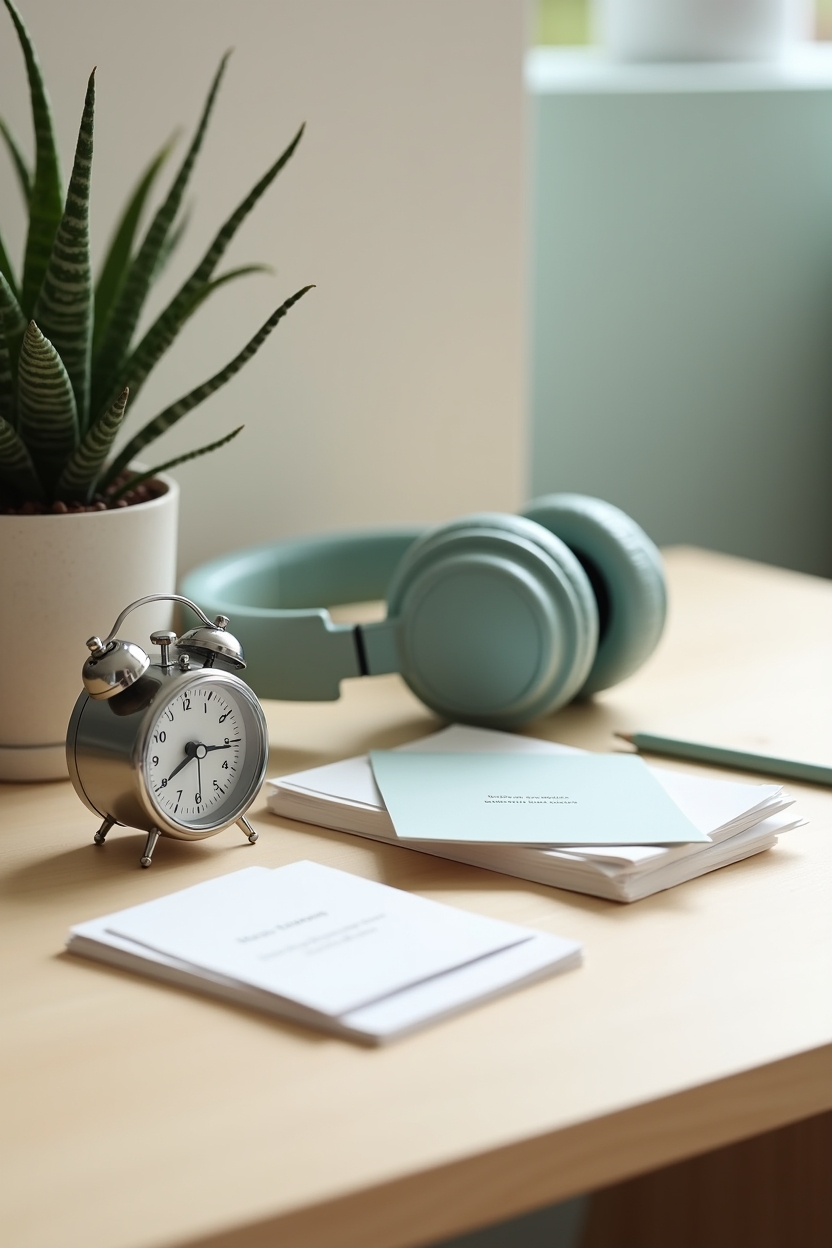 journal prompts for mental clarity for working parents — mechanical egg timer showing 10 minutes — a tidy 5–15 minute prompts toolkit on a desk: timer, headphones, a printed prompt card and a small plant