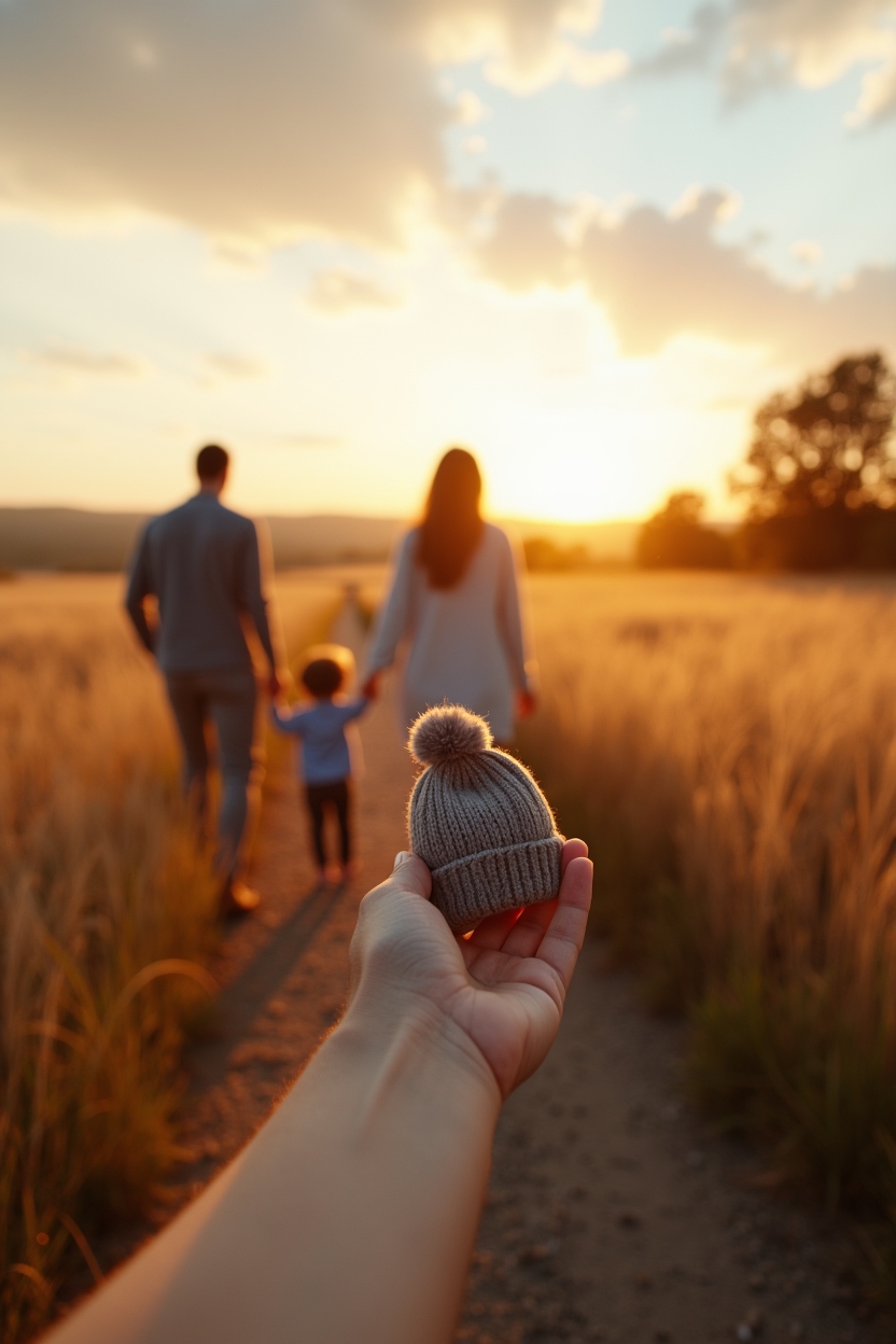 journal prompts for mental clarity for working parents — tiny knitted child beanie in the parent's hand (subtle, held low) — a parent and child walking away on a golden paths at dusk, embodying compassionate, small-steps parenting