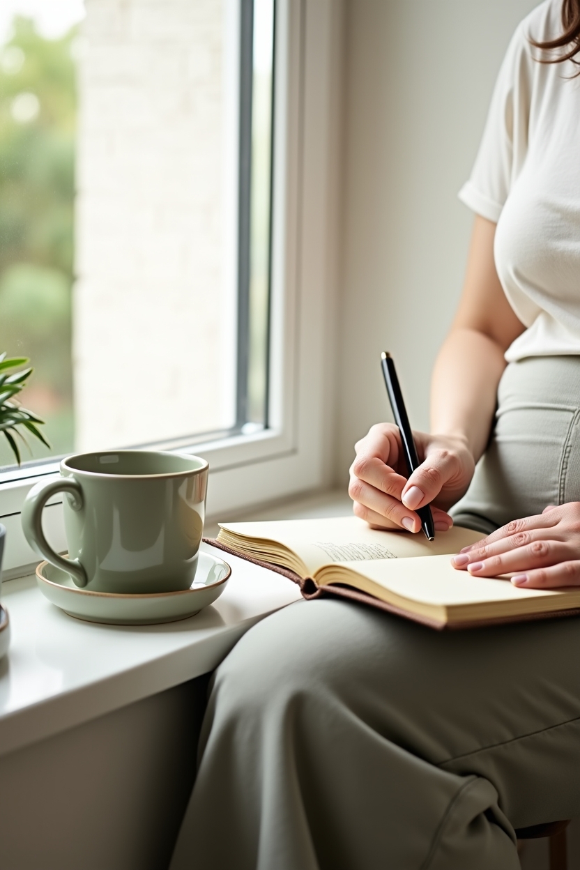 journal prompts for mental clarity for working parents — small hardcover notebook open to a single written prompt — a working parent seated by a bright window writing a morning clarity prompt in a compact notebook