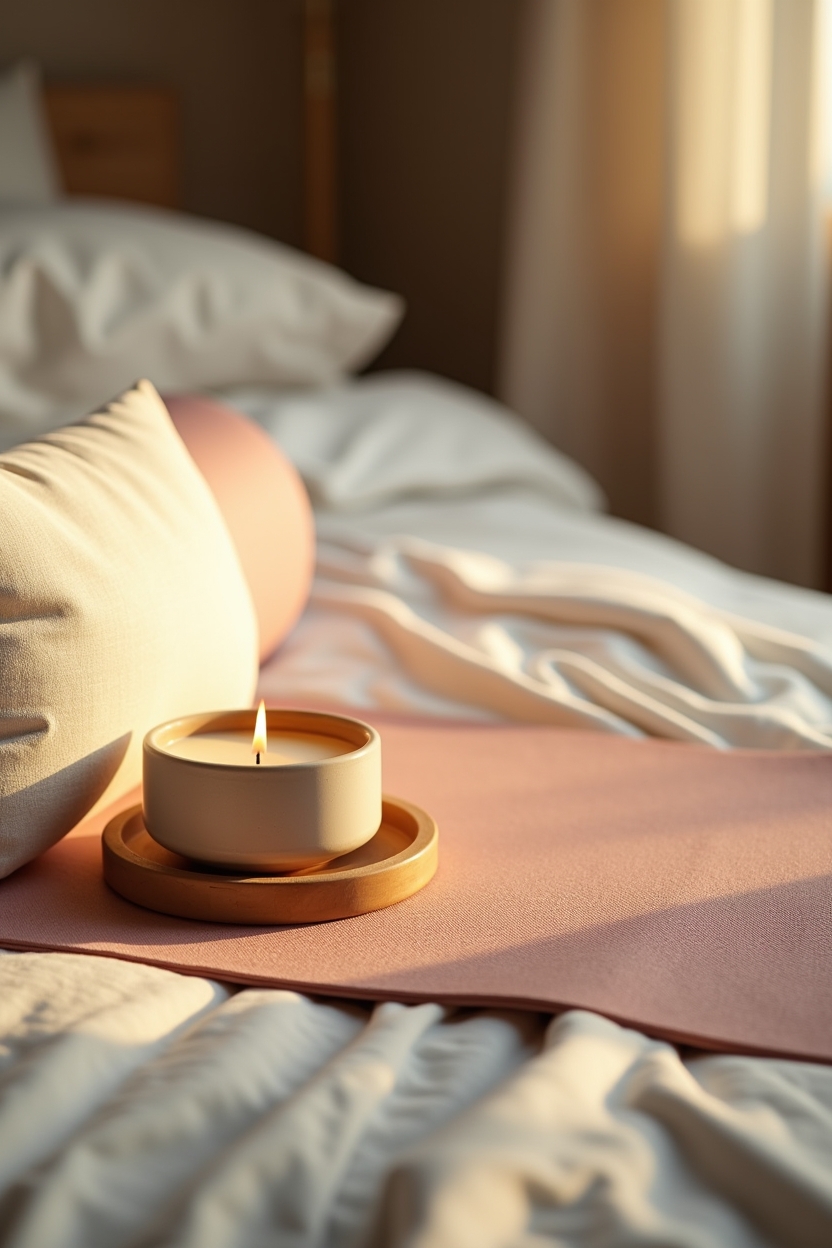 yoga for better digestion — small soy candle in a ceramic holder — Evening restorative 25-minute practice: a restful corner in a bedroom showing an unfurled mat, candle, and a folded eye pillow