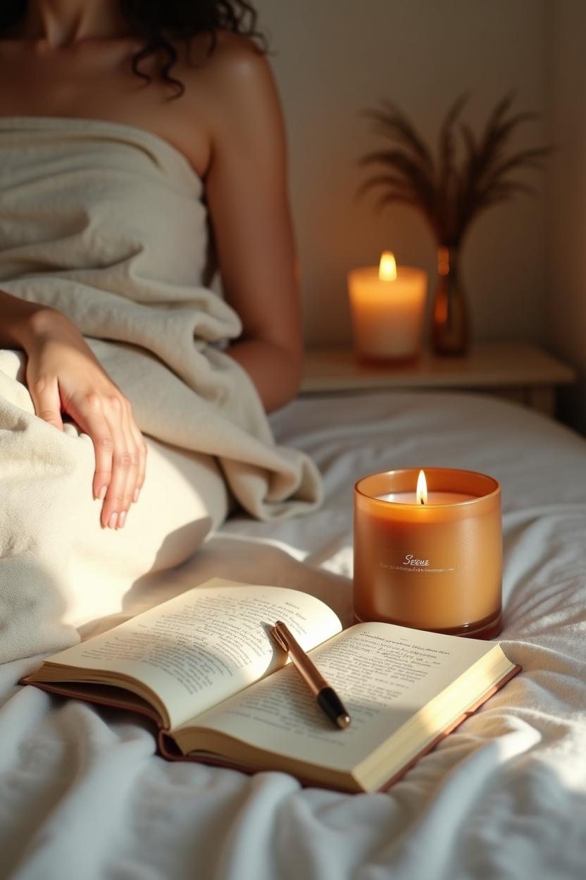 how to use self love during a new chapter — a small lit soy candle on the bedside table — Evening bedside moment: a person curled under a linen throw, a small lit candle and open journal beside them for compassionate reflection.