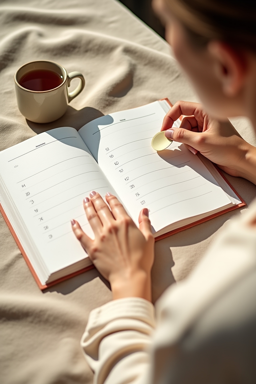 how to use self love during a new chapter — an open planner with a visible weekly grid — A focused overhead detail of hands placing a tiny dot sticker on a weekly planner—illustrating gentle, consistent habits.