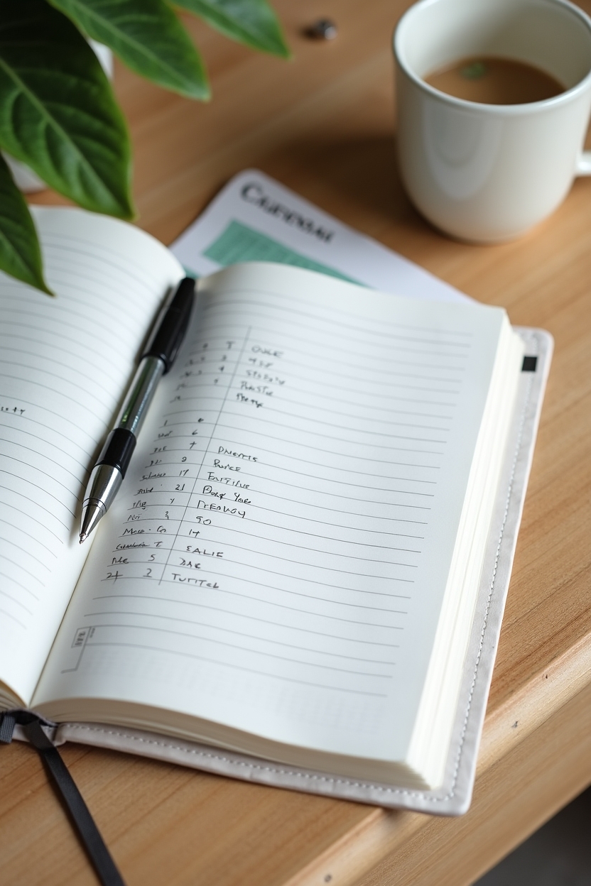 signs scarcity mindset is holding you back after failure — an open ledger notebook with tidy dated entries — Evidence-gathering flat-lay: a facts-based ledger spread on a desk