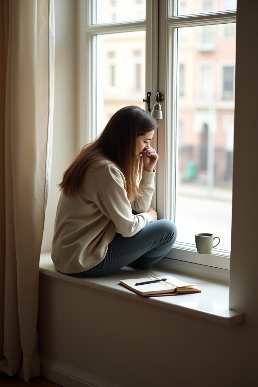 signs scarcity mindset is holding you back after failure — a half-empty ceramic mug on the windowsill — A person paused at a windowsill replaying a difficult moment, framed as thoughtful stillness
