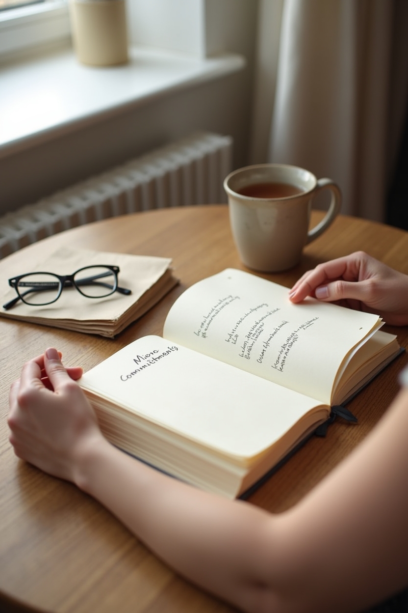 signs scarcity mindset is holding you back after failure — an open journal page showing a short 'micro-commitments' checklist — Next steps and gentle commitments: a calm journaling moment by a window with a list of small promises