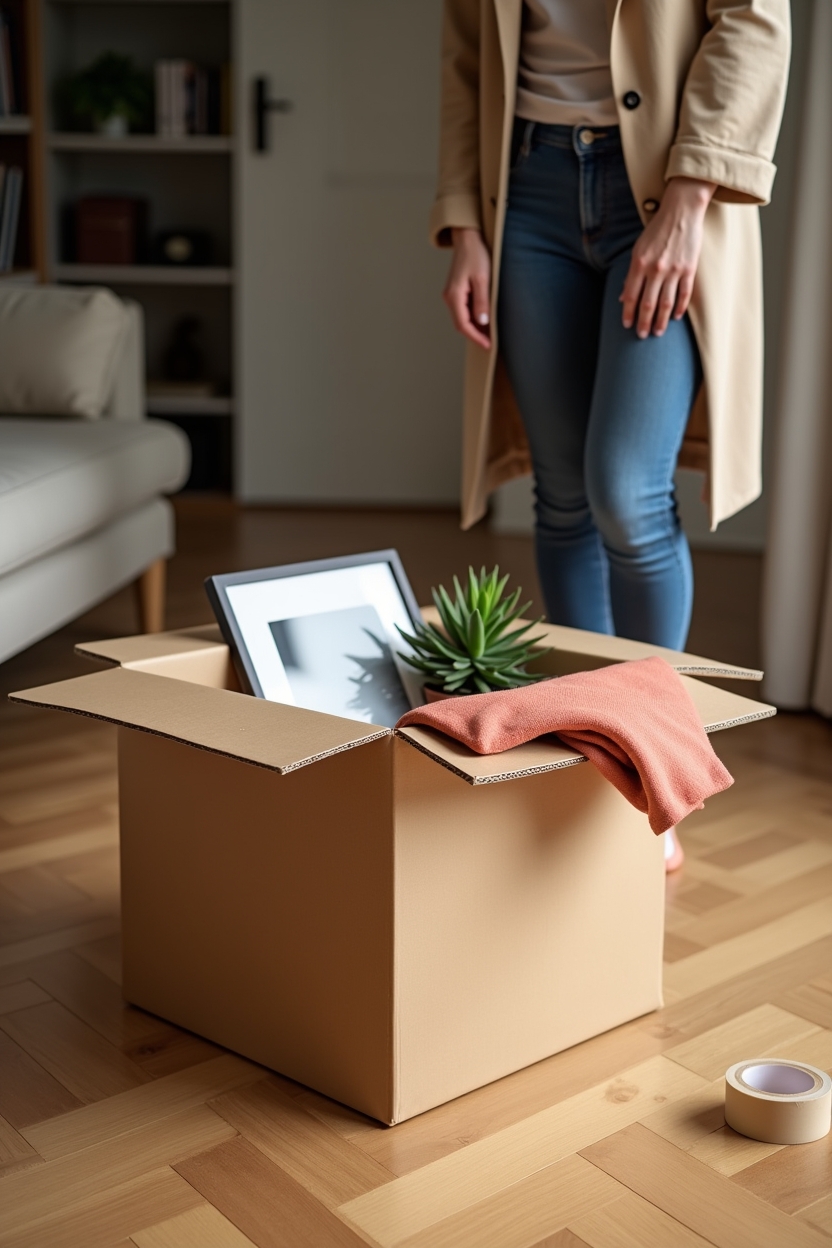 signs scarcity mindset is holding you back after failure — a medium kraft moving box with a few personal objects — A career-pivot vignette: packing a box of work artifacts with mixed emotions