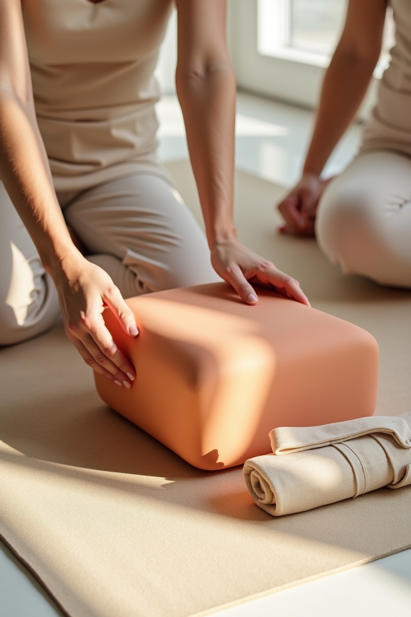 yoga for lower back pain — foam yoga block — home-props demo: hands arranging a blanket, strap, and block near a mat to set up comfortable support