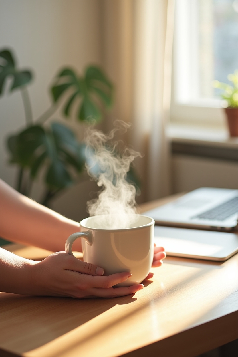 yoga for lower back pain — a ceramic mug with steam — desk-mobility break: a person standing at a small apartment desk doing a gentle seated-to-standing hip hinge stretch (3-minute break)