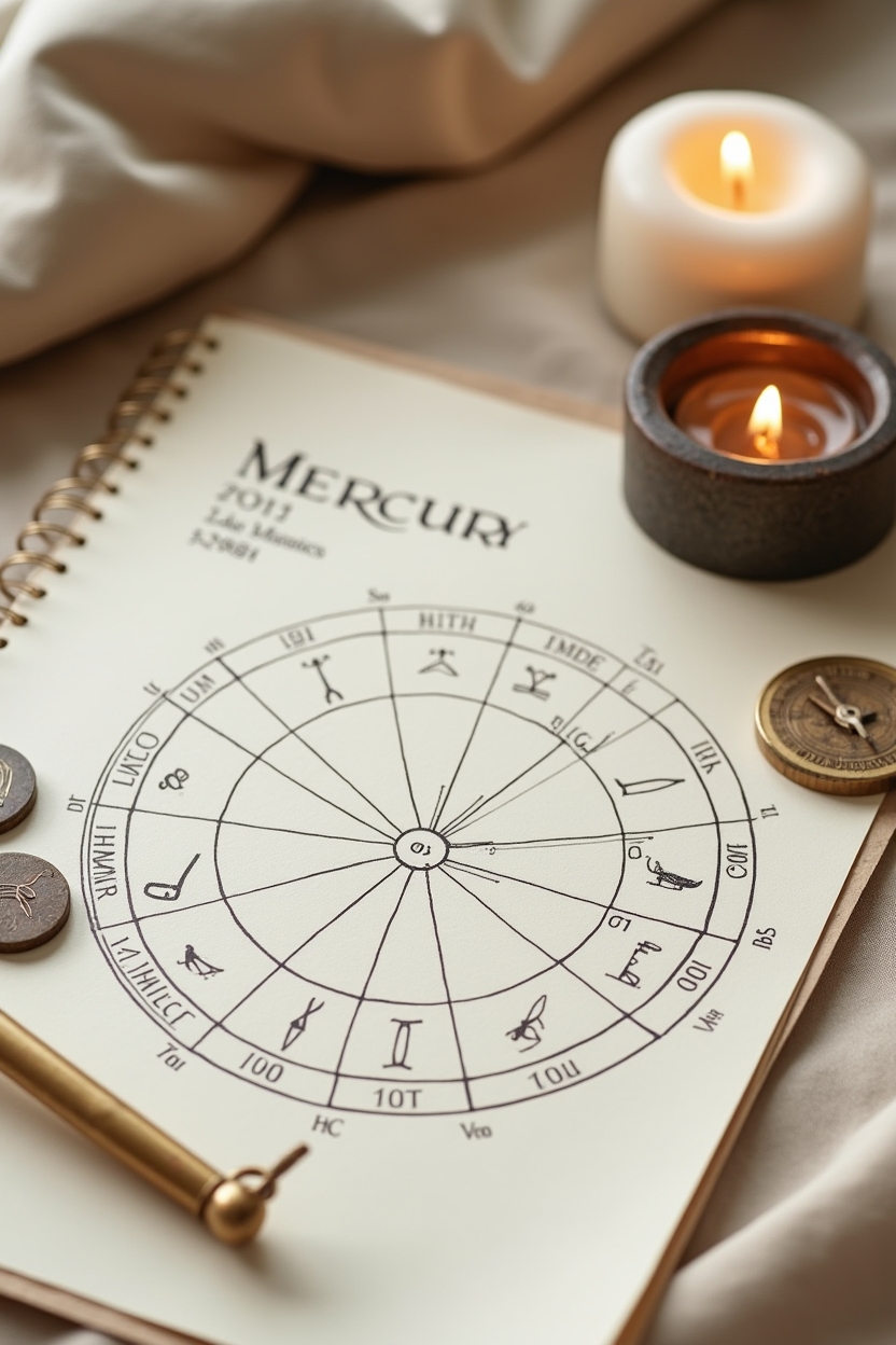 mercury in taurus for life purpose — printed birth chart wheel with zodiac glyphs — Editorial flat-lay of an astrologer's desk showing a printed natal chart wheel and objects used to read Mercury-in-Taurus placements.