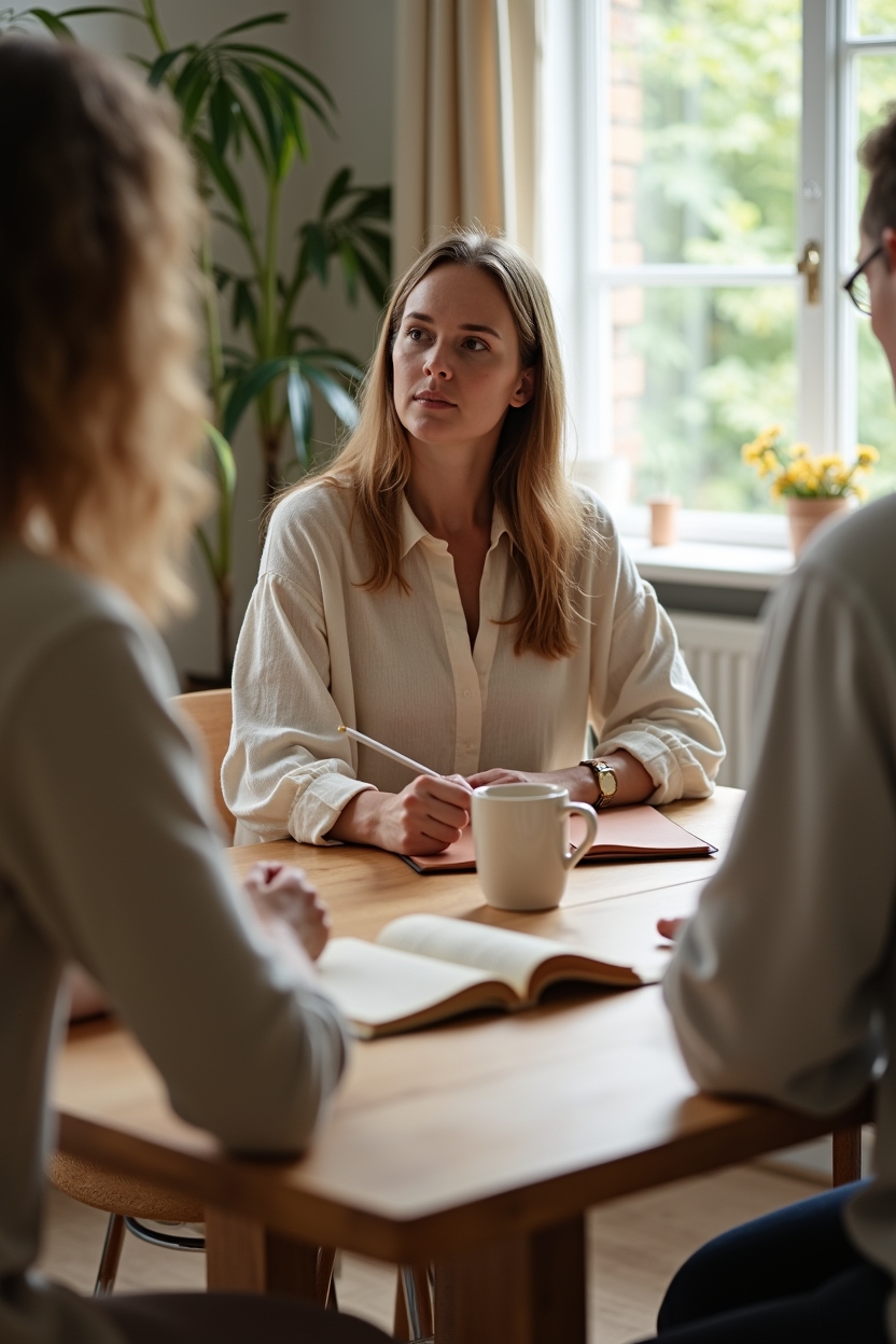mercury in taurus for life purpose — well-worn leather notebook open on the table — A grounded teacher leading a small in-person communication workshop — captured as an intimate three-quarter view with focus on tactile teaching tools.