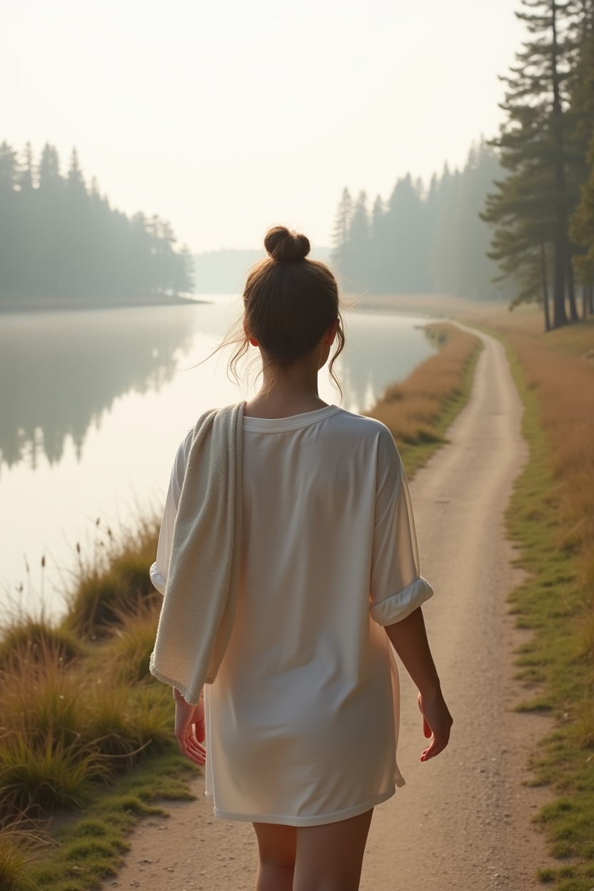 mercury in taurus for life purpose — linen scarf draped over the shoulder — Early-morning walking meditation by a river: a single person moving slowly along the path, photographed from behind to show embodied practice without focusing on anatomy.