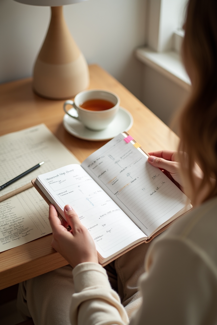 mercury in taurus for life purpose — open planner with a simple career-mapping grid — A practical career-mapping moment at a home desk: a person preparing a mini career map in a planner while sitting quietly (hands relaxed in lap, planner visible).