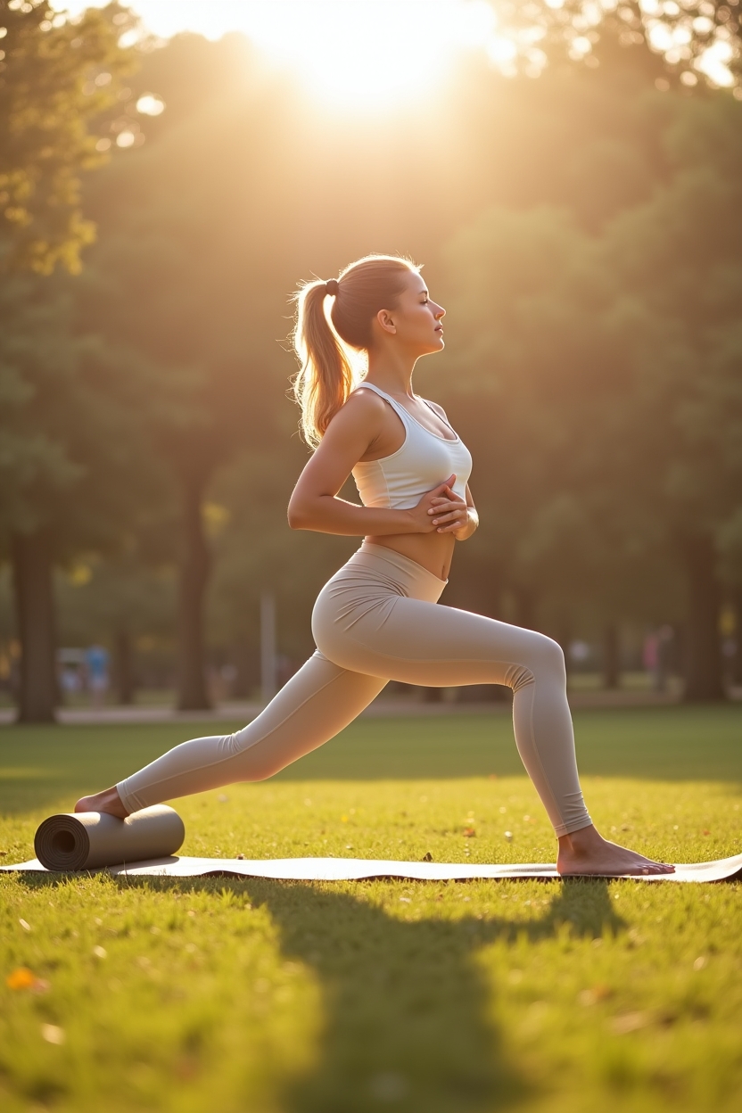 yoga for hip flexibility — rolled yoga mat at edge of frame — Low lunge with active hip flexor lengthening in a sunlit park: front knee bent, back leg long and engaged