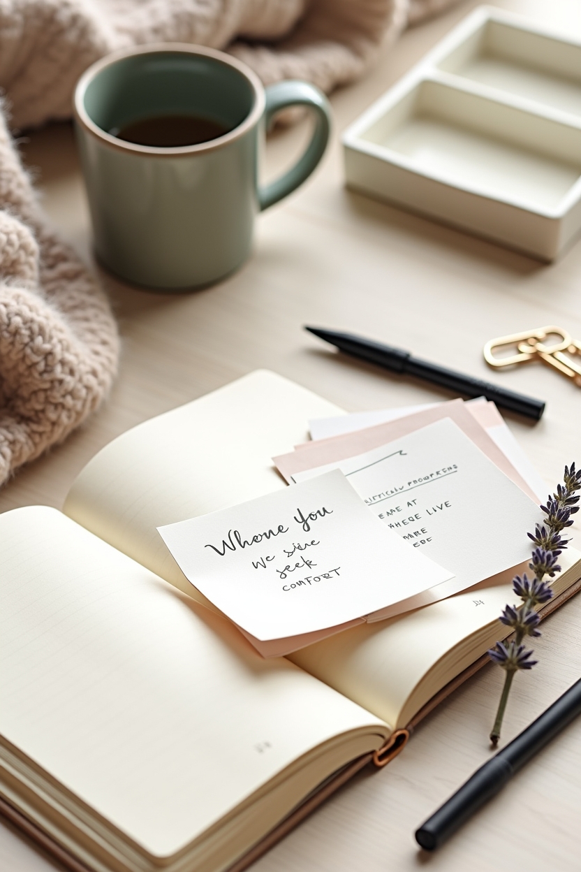 south node in cancer for love — open journal with a visible handwritten prompt card tucked into the page — A tidy journaling set-up showing Pinterest-friendly prompt cards, an open journal with a written prompt, and a pen — practical tools for reflection