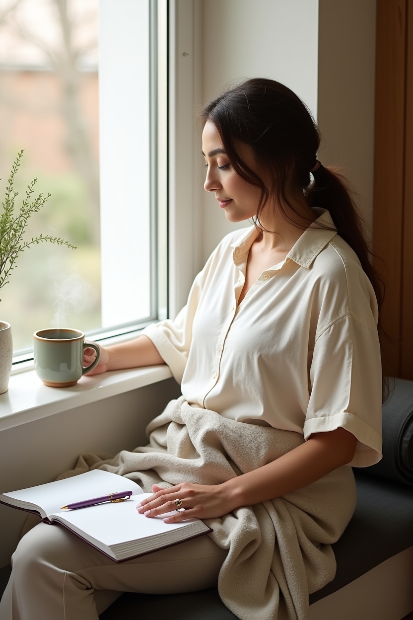 south node in cancer for love — ceramic mug with steam visible — A woman seated at a window seat with a warm mug, journaling — illustrating Cancer's needs for safety and belonging