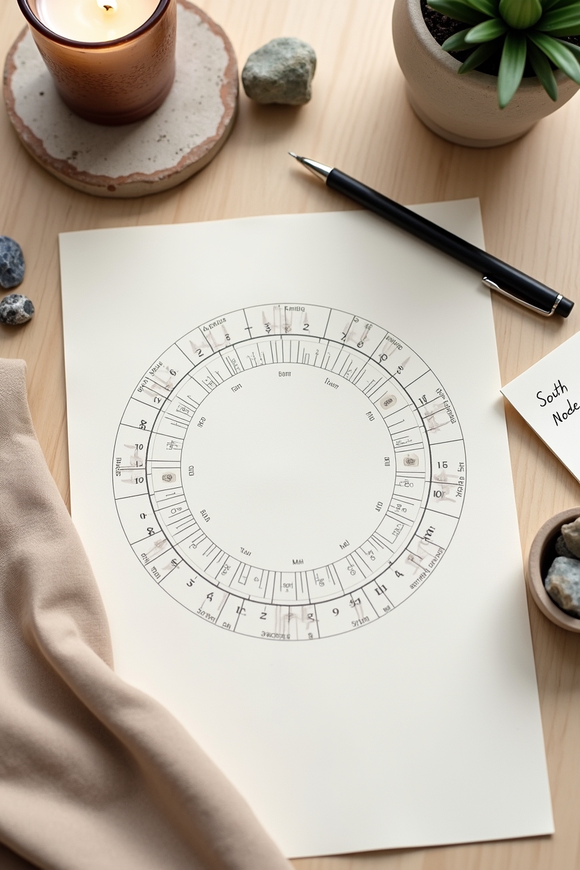 south node in cancer for love — printed natal chart wheel (paper) — Editorial flat-lay of a printed natal chart wheel spread on a neutral table with moonlit props for a concise astrology refresher