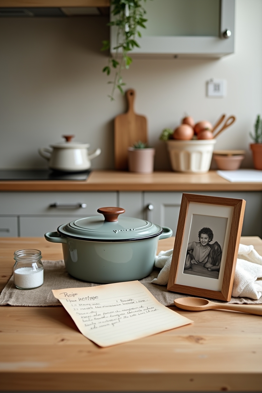 south node in cancer for love — vintage family photo in a simple wooden frame — A warm kitchen table still-life suggesting repeating family caregiving scripts: a framed vintage family photo beside a well-used recipe card and a covered casserole dish
