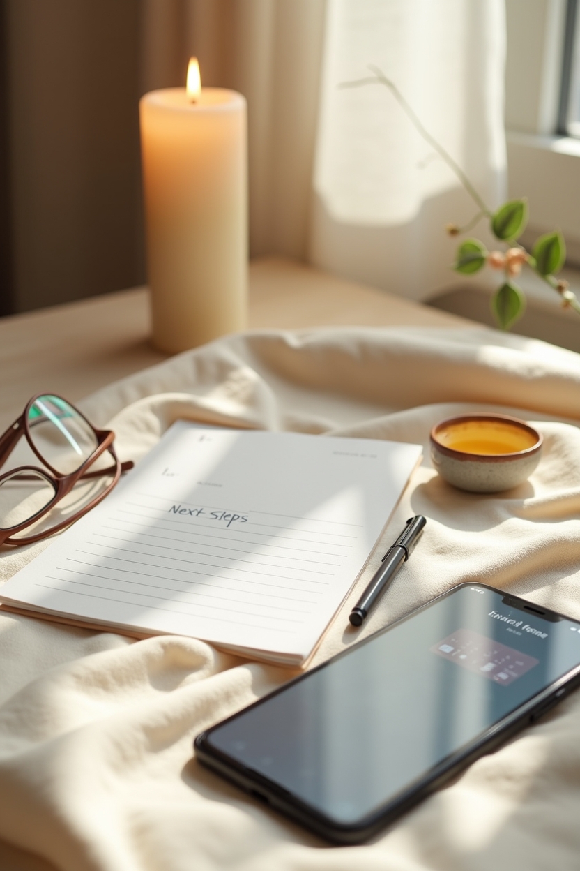 signs fear of failure is holding you back after a hard year — a smartphone displaying a calendar app (time blocked) — Evening planning moment: a calm desk flat-lay of therapy/coaching next steps — phone with a calendar, a pen, and a simple roadmap list