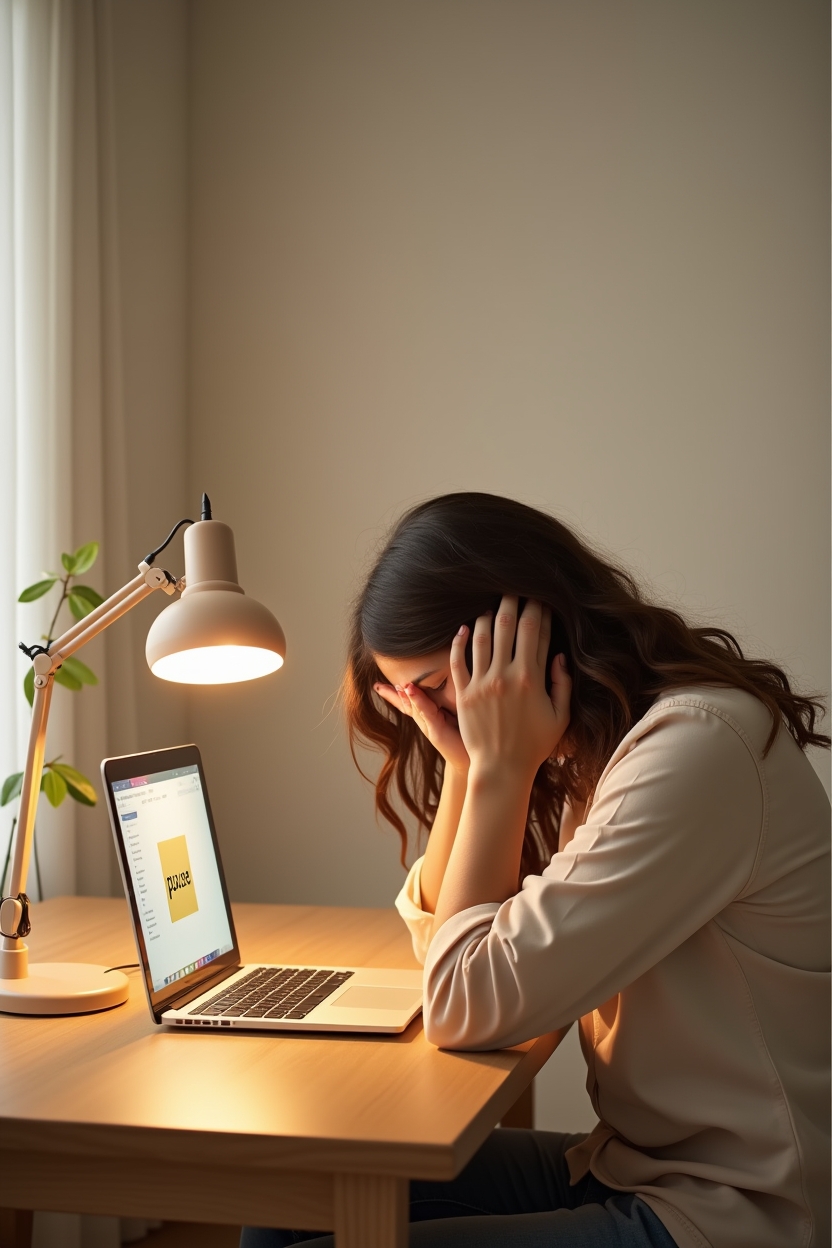 signs fear of failure is holding you back after a hard year — a dimly lit desk lamp turned on beside a closed laptop — A quiet home-office moment showing someone pausing with head in hands at a desk to suggest burnout versus fear