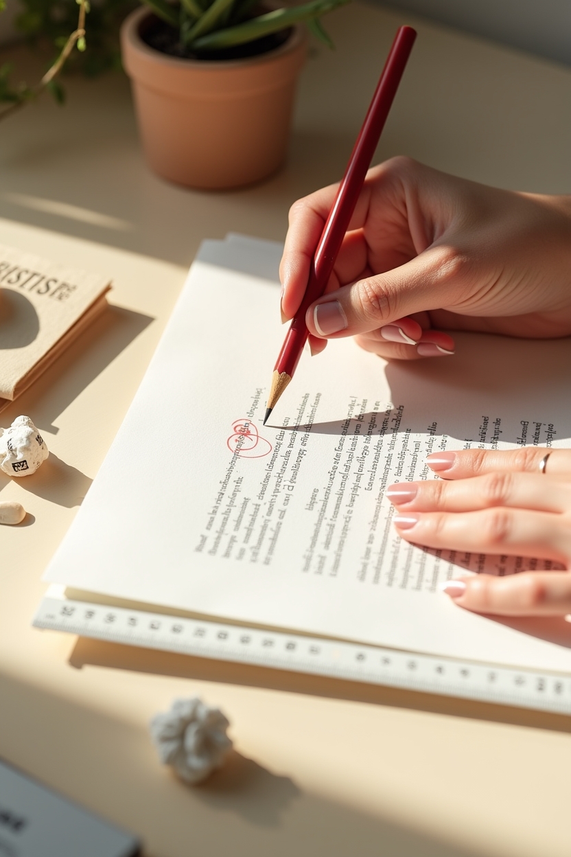 signs fear of failure is holding you back after a hard year — a printed draft with red pencil marks — Cropped studio portrait of hands adjusting a measuring tape around a printed draft to illustrate perfectionism that freezes progress