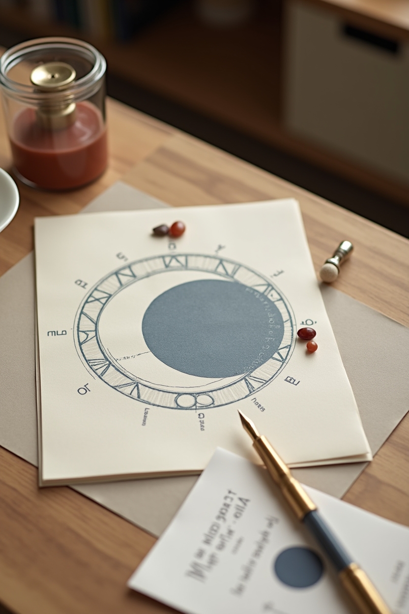 moon in aries for love — paper birth-chart wheel (printed, circular) — Editorial celestial flat-lay showing 'Moon meets Aries' — a birth-chart wheel and moon-phase study with Aries accents
