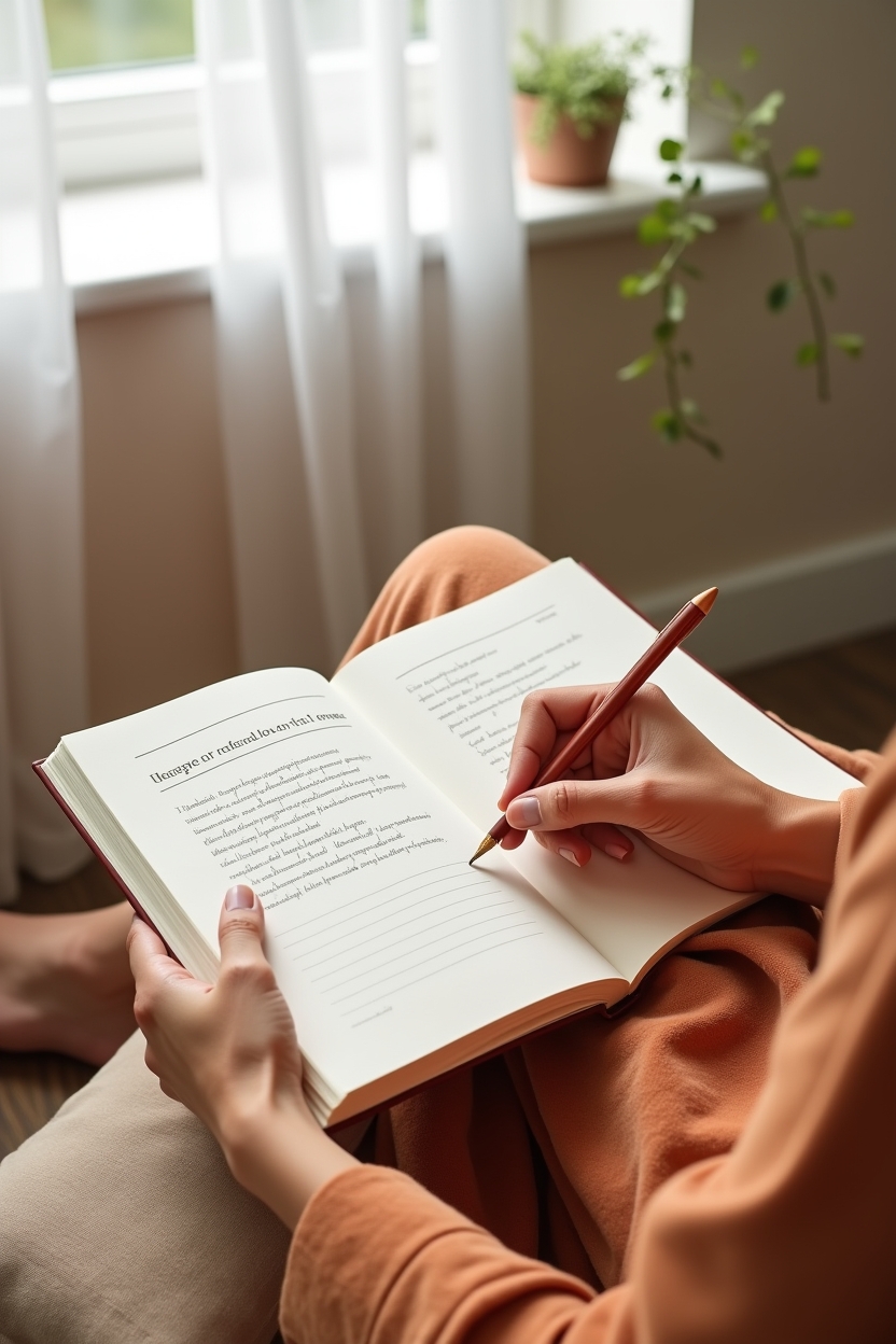 moon in aries for love — open journal page with a printed worksheet header and a pen resting on it — A short reflection worksheet moment: a person journaling a guided prompt by a bright window, feet tucked under on a window seat, showing constructive change in action