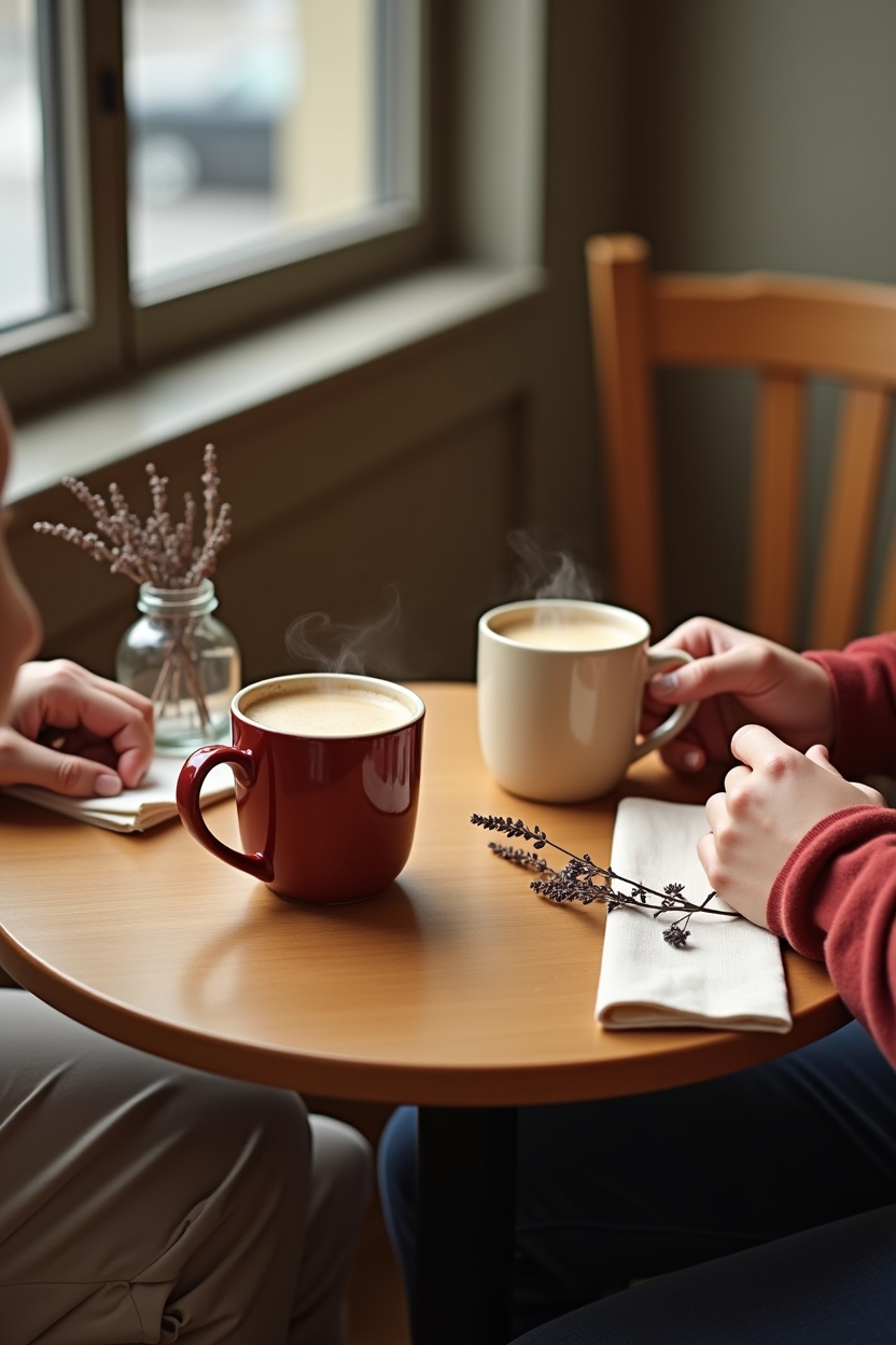 moon in aries for love — two ceramic mugs (one red, one cream) on a small wooden table — Two-line comparison: a pair at a small café table illustrating 'sparks vs. stability' — cups steaming, one person leaning forward mid-conversation, both viewed from the side so hands are relaxed and not foregrounded