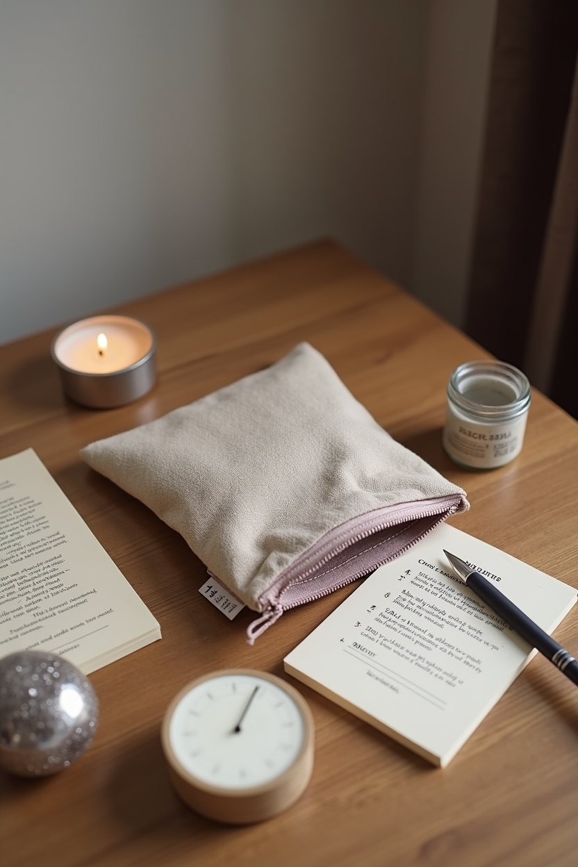 moon in aries for love — small linen pouch (ritual kit) with zipper partly open — Practical mindful-tools kit flat-lay for tempering impulsivity: a compact, portable set you can reach for in reactive moments