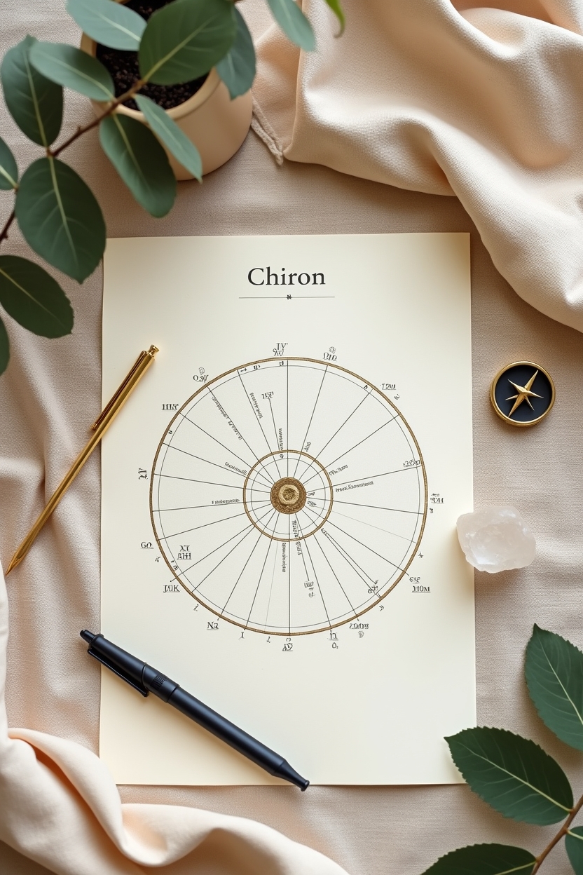 chiron in taurus for life purpose — printed natal chart wheel (paper) — Editorial flat-lay of a natal chart workspace focused on Chiron — a printed birth-chart wheel with tools for interpretation.
