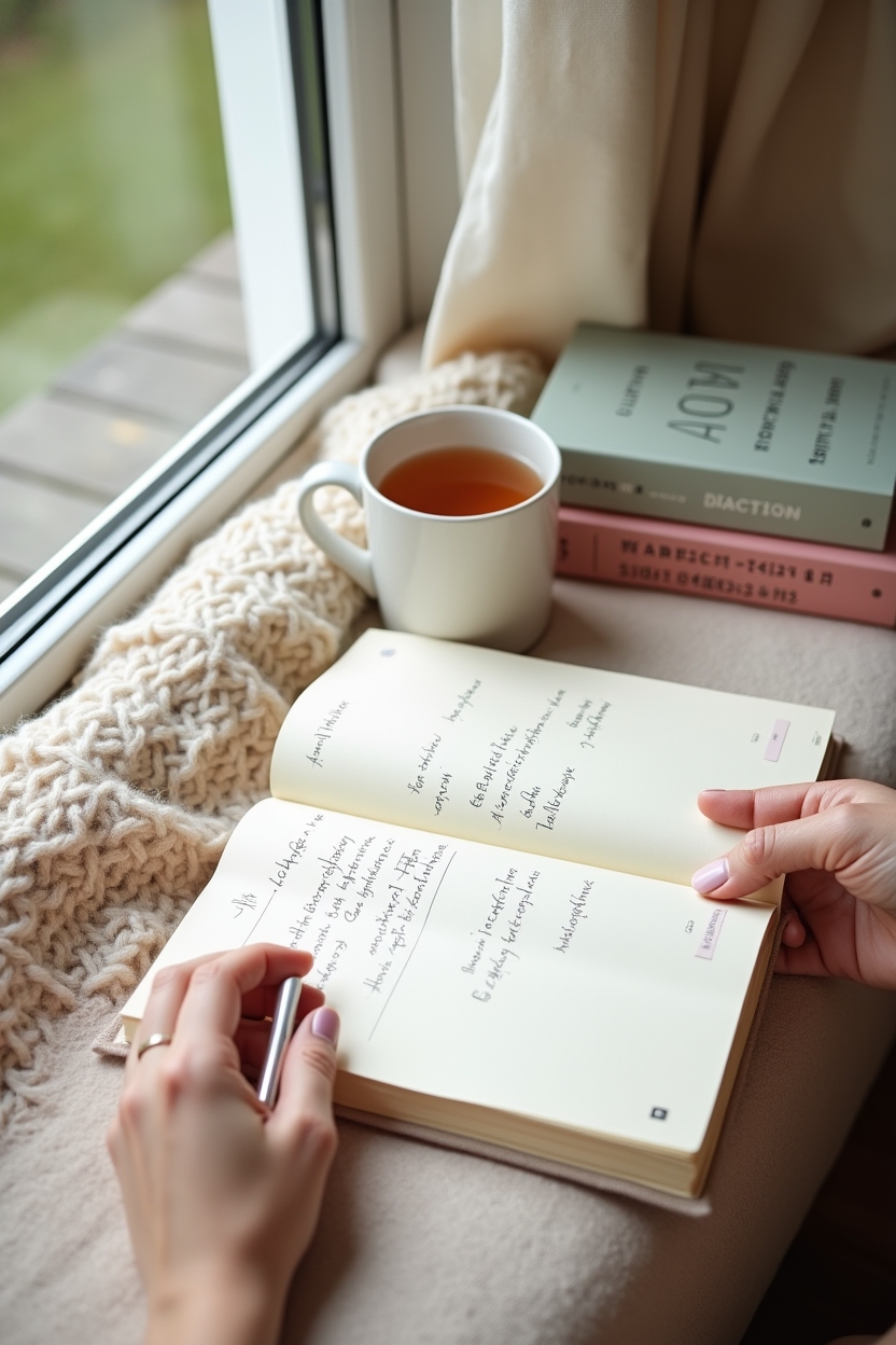 chiron in taurus for life purpose — open journal with handwritten prompts — Cozy window-seat next-steps moment: a cropped journaling scene where someone maps gentle commitments and resources.