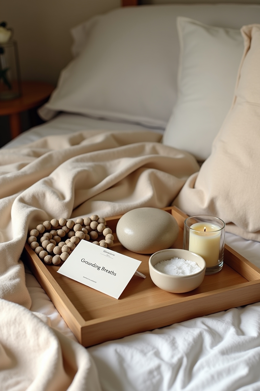 chiron in taurus for life purpose — smooth river stone — Somatic grounding toolkit still-life on a bedside/tray — tactile objects used in grounding practices assembled for a how-to shot.
