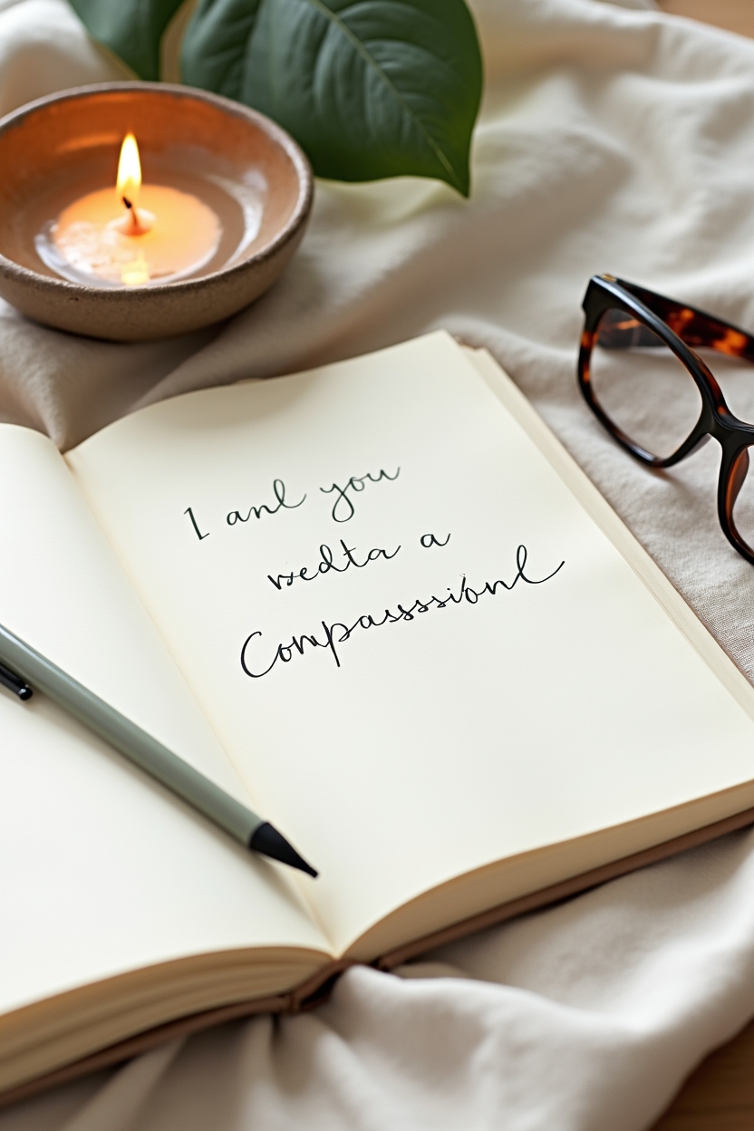 how to use self love after a breakup — open notebook with a visible handwritten prompt line — A calm overhead flat-lay of a compassionate journaling spread: an open notebook with prompts, a fountain pen, a pair of reading glasses, and a single beeswax candle