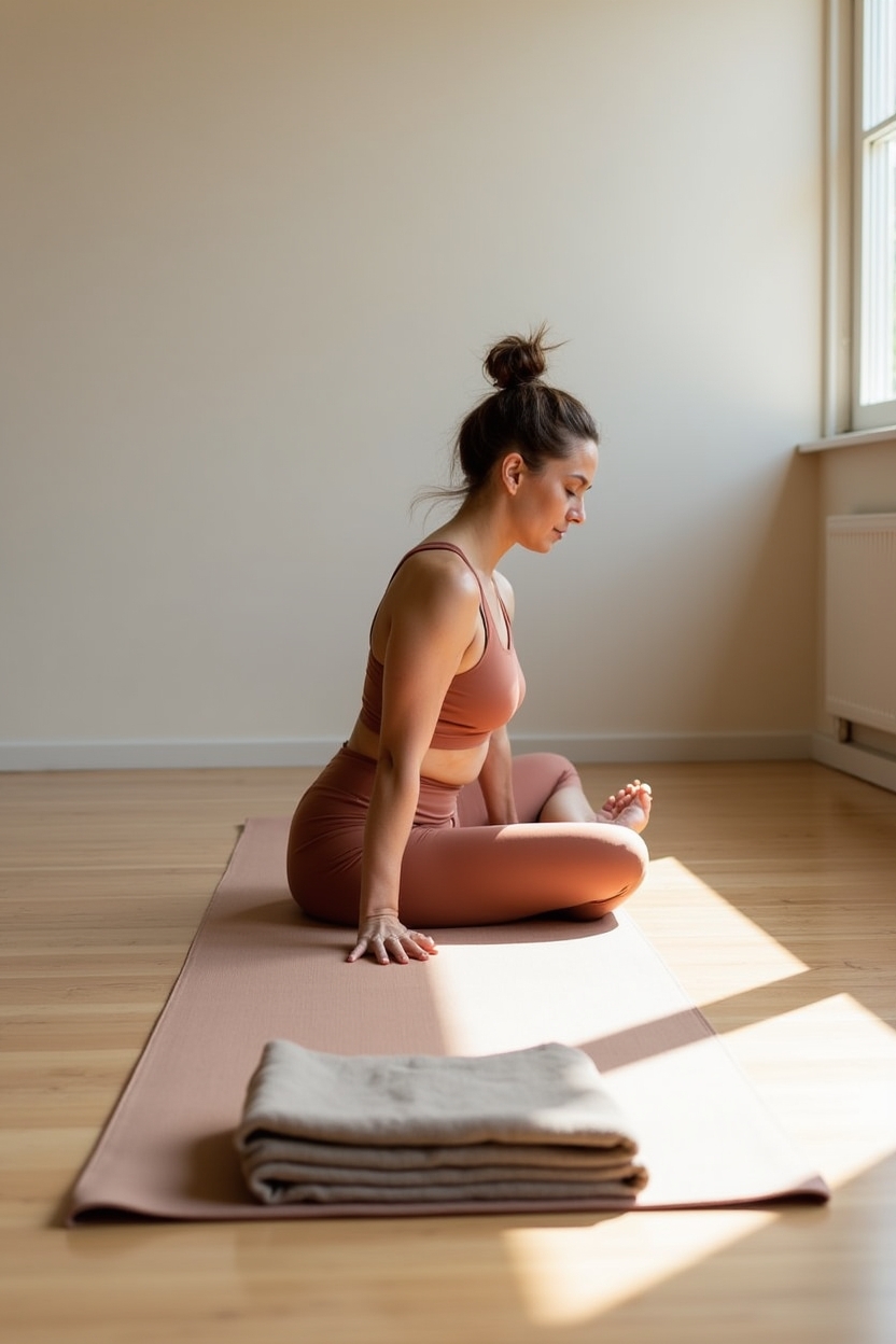 how to use self love after a breakup — a neutral-colored yoga mat — A gentle yoga sequence captured in a studio: a practitioner in a seated side-body stretch (knees tucked, hands resting loosely on thighs) as a pose for emotional release